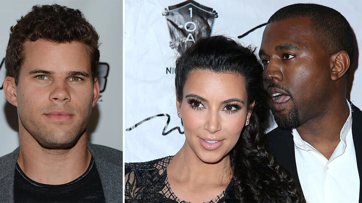 Kim Kardashian ir Kanye Westas bei Krisas Humphriesas (kairėje)