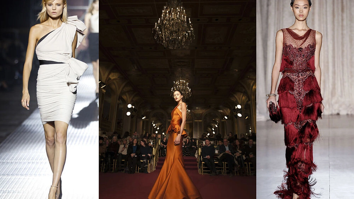 Iš kairės: Alber Elbaz 2013 m. pavasario/vasaros kolekcija „Lanvin“ mados namams. Viduryje: „Zac Posen“ modelis iš rudens/žiemos 2013/14 kolekcijos. Dešinėje: „Marchesa“ mados namų modelis demonstruoja pavasario/vasaros kolekciją.