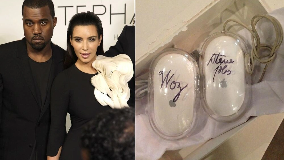 Kanye Westas ir Kim Kardashian bei „Apple“ kompiuterio pelės su įkūrėjų Steve'o Jobso ir Steve'o Wozniako parašais