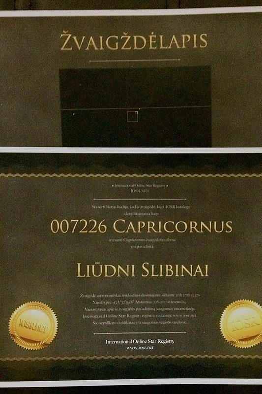 „Liūdnų Slibinų“ žvaigždės kosmose sertifikatas