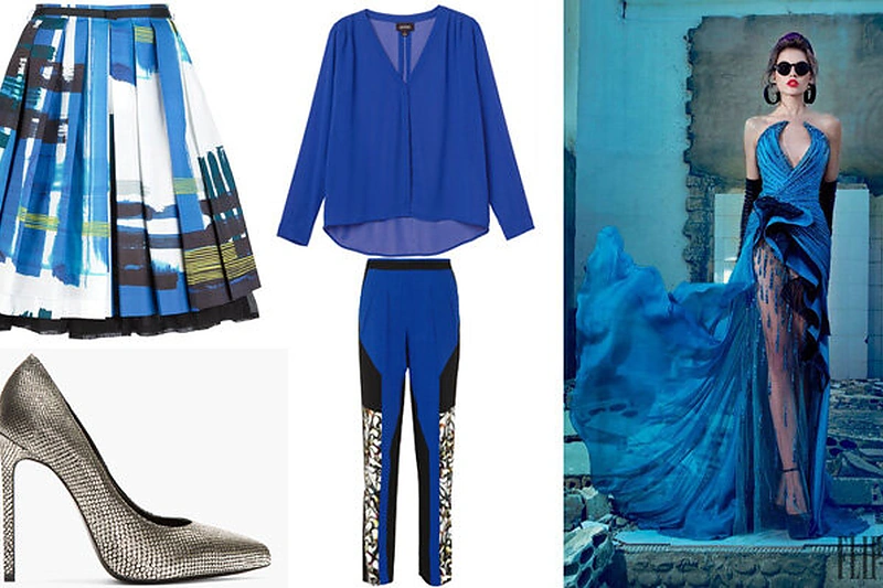 Blizgūs Saint Laurent aukštakulniai iš ssense.com. Peter Pilotto kelnės iš net-a-porter.com. Eggs sijonas aukštu liemeniu iš fartech.com. Monki palaidinė iš monki.com. Nicolas Jebran aukštosios mados kolekcijos modelis iš nicolasjebran.com.