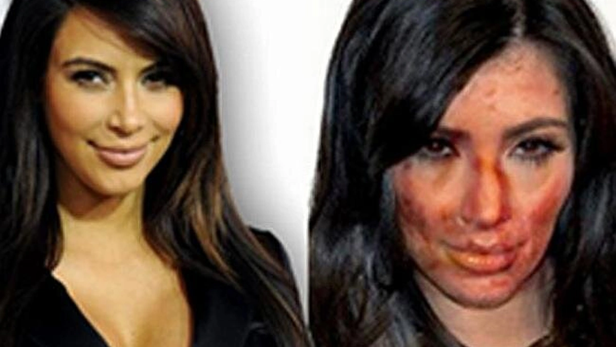 Kim Kardashian realybėje (kairėje) ir kaip atrodytų, jeigu vartotų narkotikus