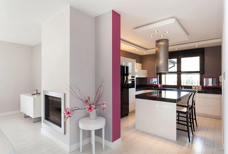 Svetainės su virtuve interjeras.