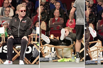 Eltono Johno gėda: teniso mače dainininkas nukrito nuo kėdės