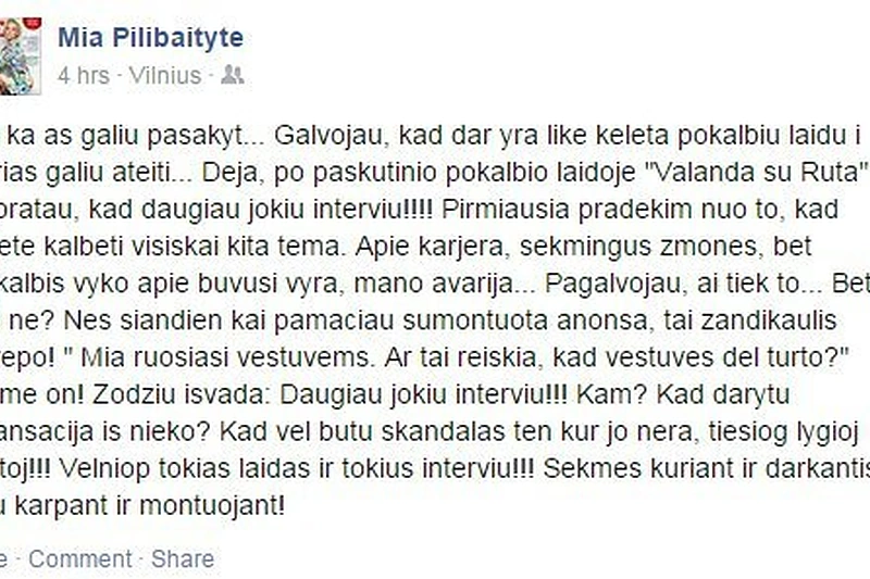 Mios pasisakymas „Facebook“ tinkle