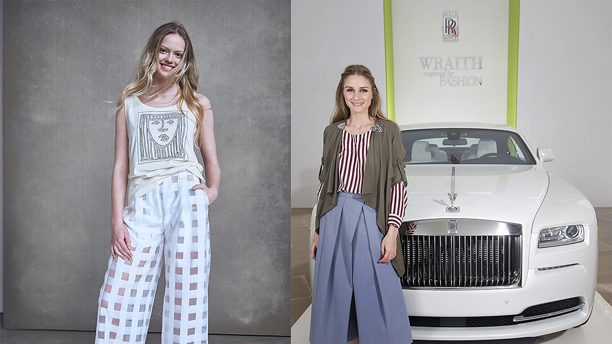 Iš kairės: Kristar Design 2015 m. pavasario-vasaros įvaizdis (fotografas Paulius Gasiūnas). Dešinėje: Olivia Palermo automobilių pristatyme