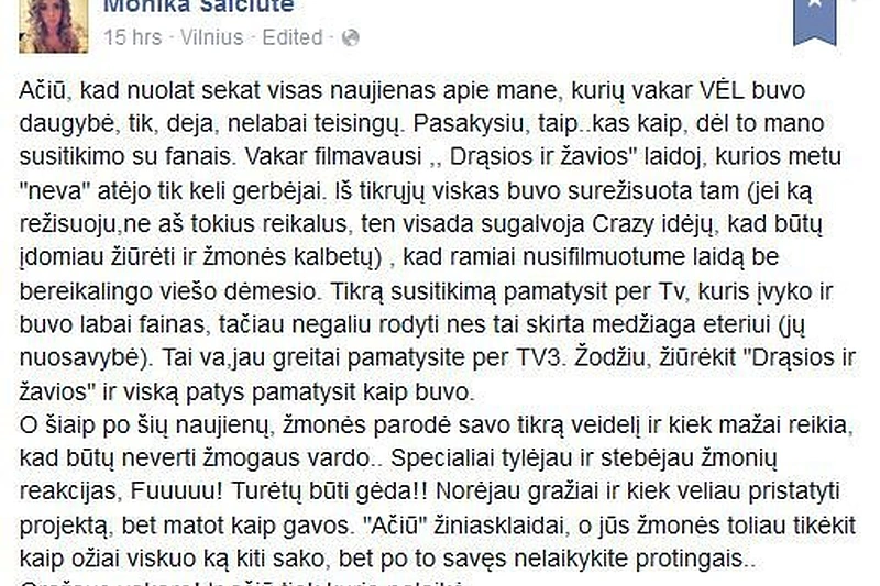 Monikos Šalčiūtės įrašas „Facebook“ tinkle