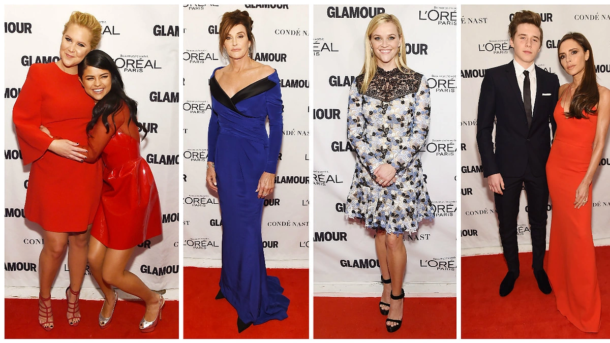 Amy Schumer ir Selena Gomez, Caitlyn Jenner, Reese Witherspoon ir Victoria Beckham su sūnumi Brooklynu