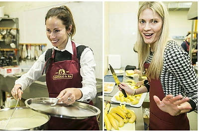 Jolanta Sadauskienė ir Simona Starkutė Šv. Teresės vienuolyne vargstančiuosius vaišino blynais