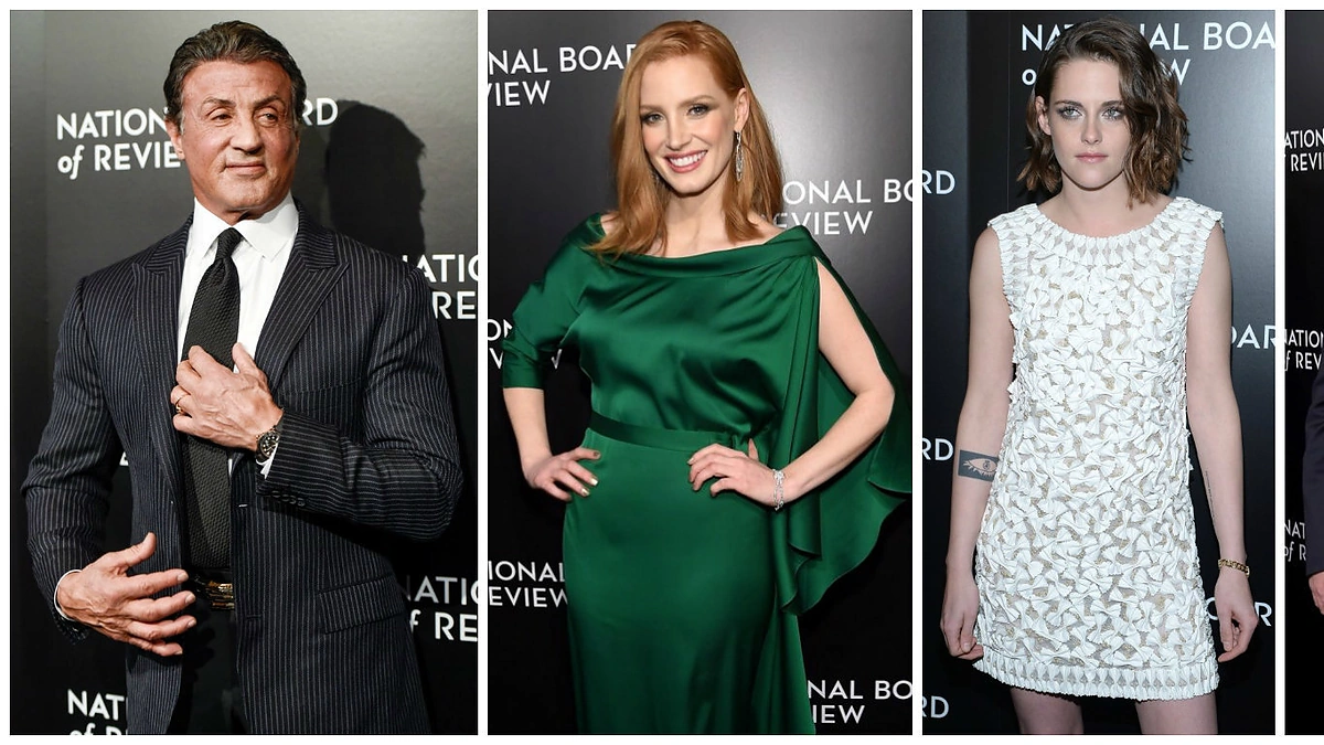 „The National Board of Review“ apdovanojimų svečiai (iš kairės): Sylvesteris Stallone, Jessica Chastain, Kristen Stewart ir Mattas Damonas su žmona Luciana Barroso