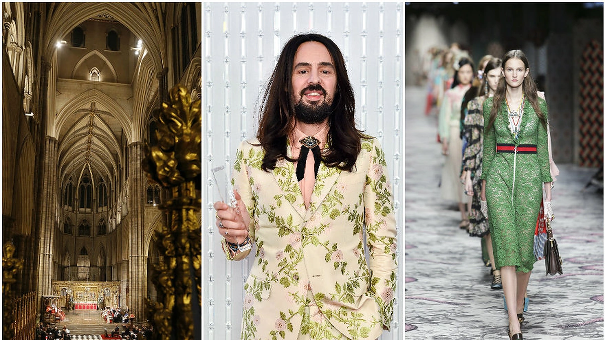 „Gucci“ kūrybos vadovas Alessandro Michele (centre)