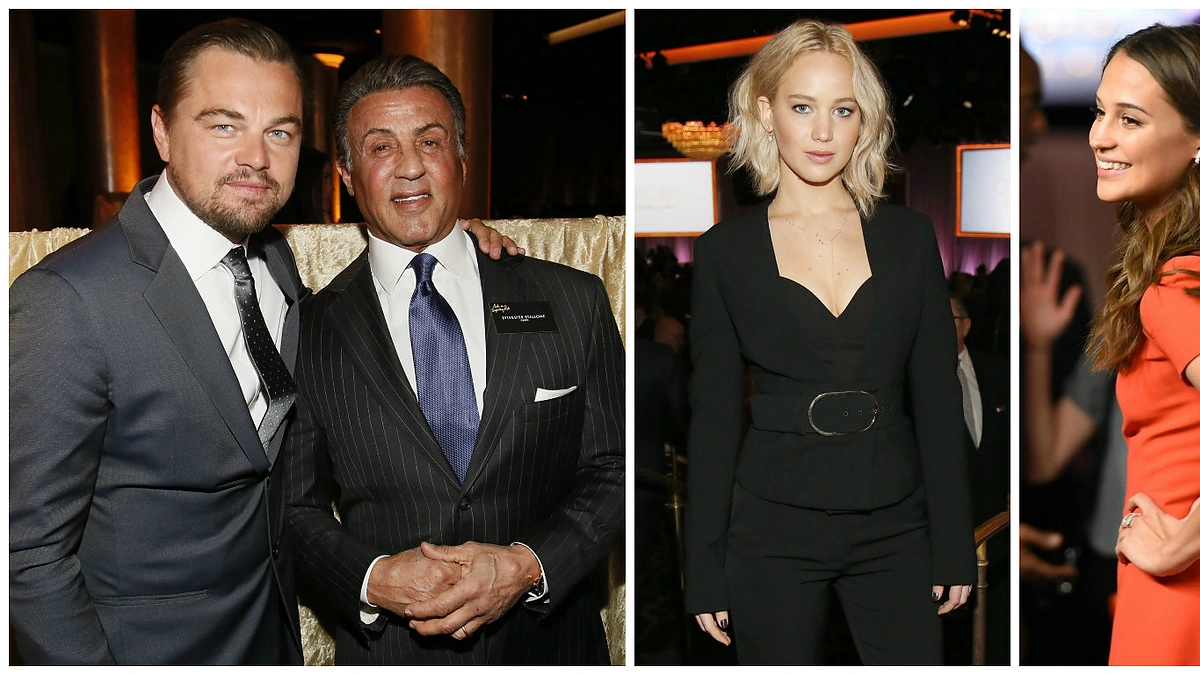 Leonardo DiCaprio ir Sylvesteris Stallone, Jennifer Lawrence ir Alicia Vikander