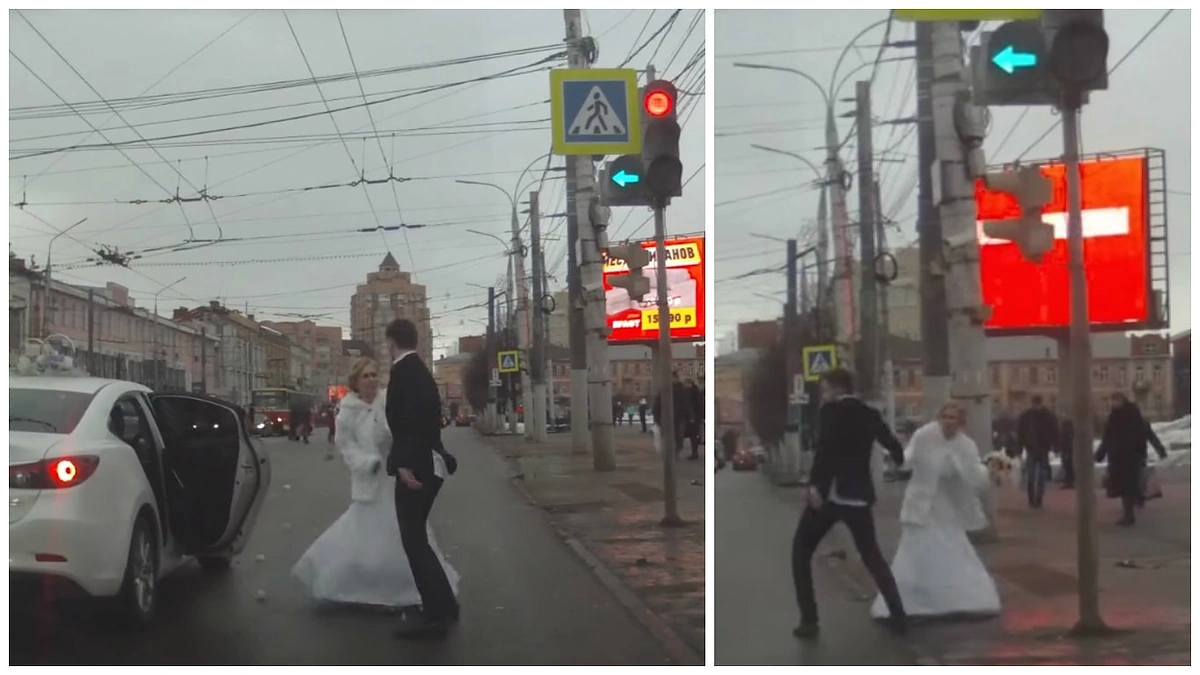 Vidury gatvės nuotaka iššoko iš mašinos, sviedė į jaunikį puokštę ir pabėgo