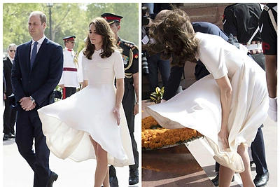 Vėjo keliamą suknelę bandanti suvaldyti hercogienė Catherine sukėlė sujudimą Indijoje