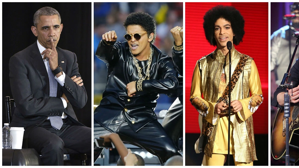 Barackas Obama, Bruno Marsas, Prince'as, Justinas Timberlake'as ir Willas Smithas