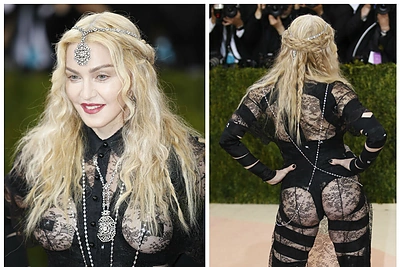57-erių Madonnos įvaizdis „Met Gala“ pokylyje: apnuogintos krūtys ir užpakalis
