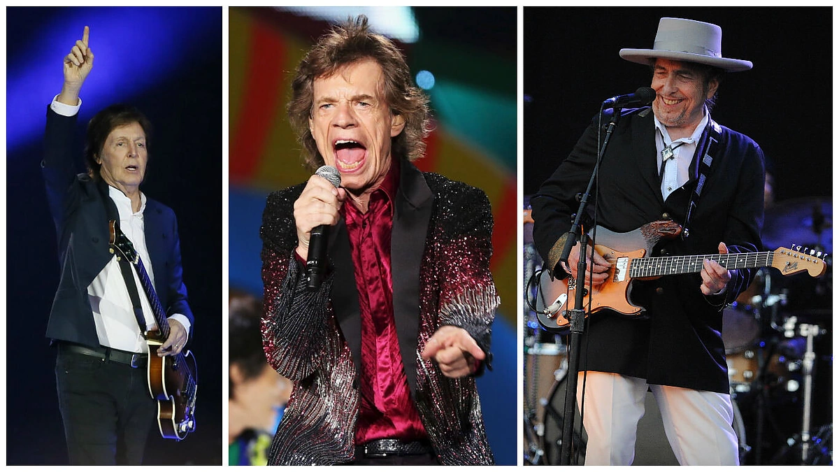Paulas McCartney, „The Rolling Stones“ lyderis Mickas Jaggeris ir Bobas Dylanas