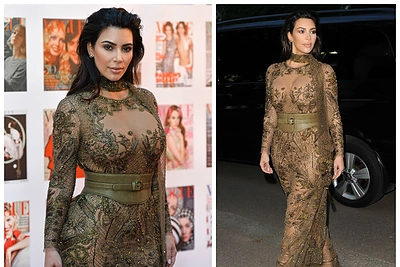 Kim Kardashian įvaizdis „Vogue“ vakarėlyje: perregima suknia su gyvatės odos imitacija