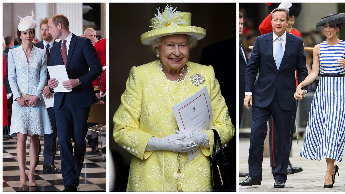 Kembridžo hercogienė Catherine, princas Williamas, karalienė Elizabeth II ir premjeras Davidas Cameronas su žmona Samantha