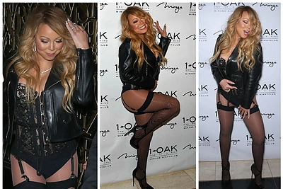 Vulgarus Mariah Carey įvaizdis vakarėlyje: korsetas, kelnaitės ir prisegamos tinklinės kojinės
