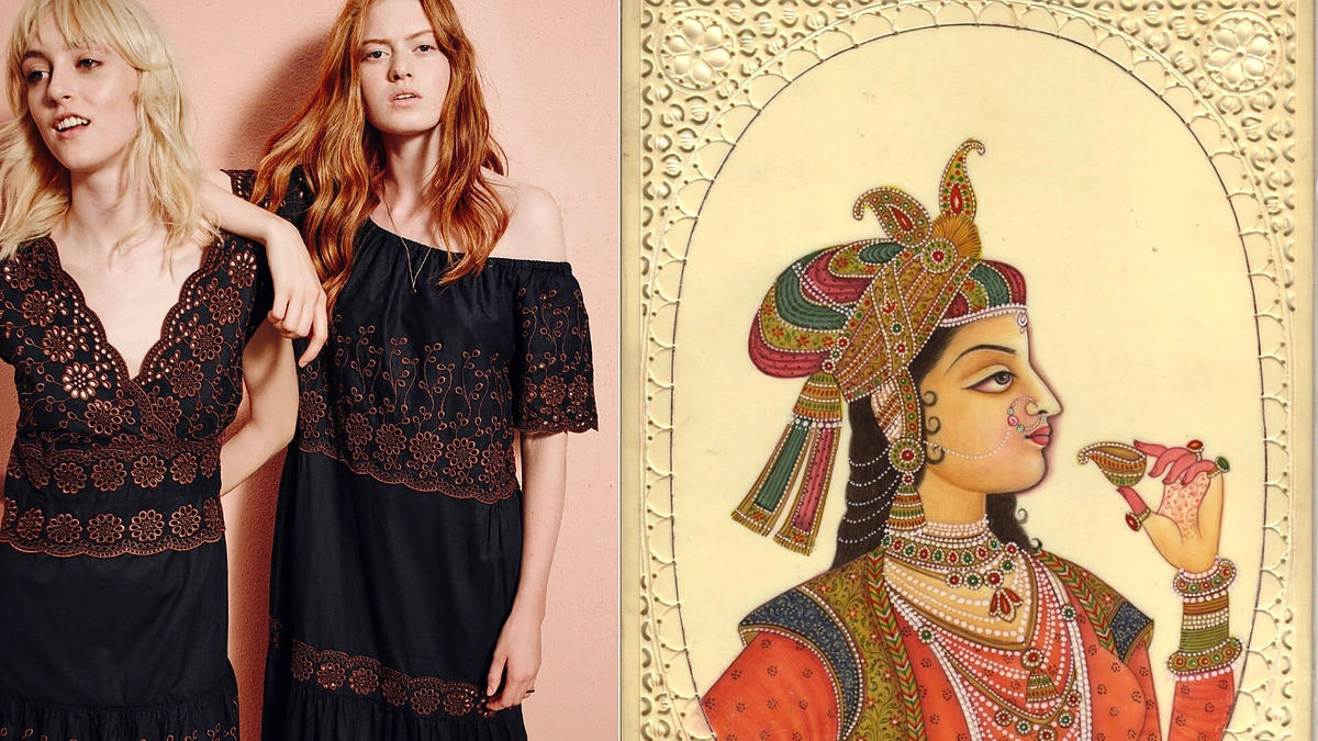 „See By Chloé“ 2016 m. pavasario-vasaros kolekcijos modelis/Tradicinio Indijos meno fragmentas „Mughal“ piešinys