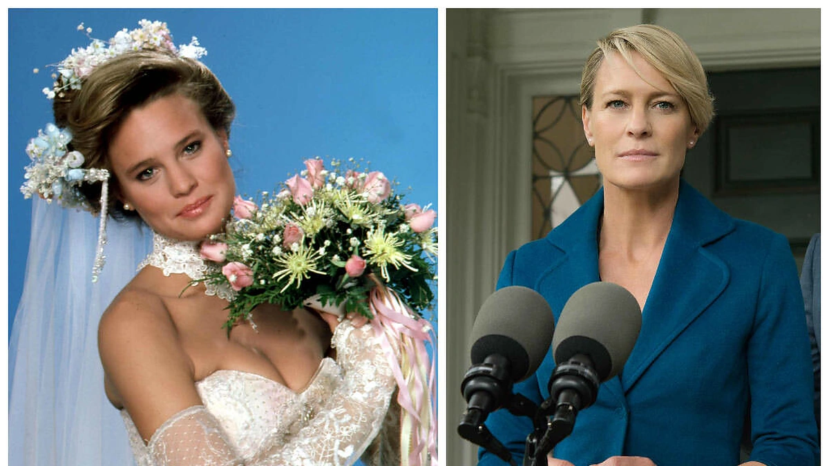 Robin Wright serialuose „Santa Barbara“ (1984-1988 m.) ir „Kortų namelis“ (2016 m.)