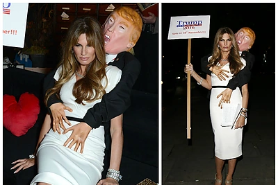 Provokuojantis Helovino kostiumas: žmoną Melanią grabinėjantis Donaldas Trumpas