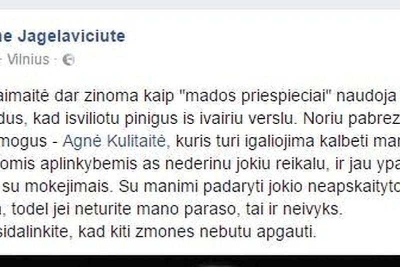 Agnės Jagelavičiūtės įrašas socialiniame tinkle