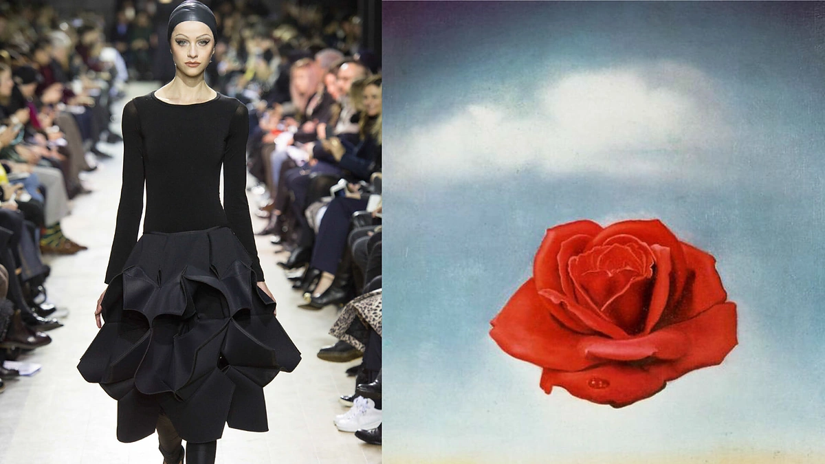 Junya Watanabe rudens/žiemos 2016 kolekcijos modelis / Salvador Dali „Medatative Rose“ piešinys