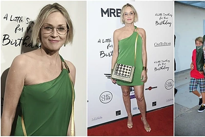 Raudonu kilmu Sharon Stone žengė su dviem gerokai ūgtelėjusiais sūnumis