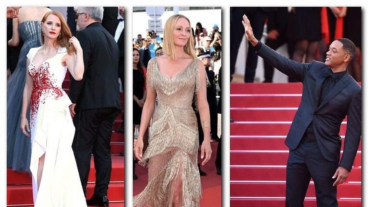 70-ojo Kanų kino festivalio uždarymo akimirkos. Jessica Chastaim, Uma Thurman, Willas Smithas
