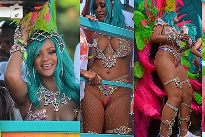 Barbadose Rihanna parodė sultingą kūną: pasipuošusi vien blizgučiais ir plunksnomis nėrė į karnavalo sūkurį