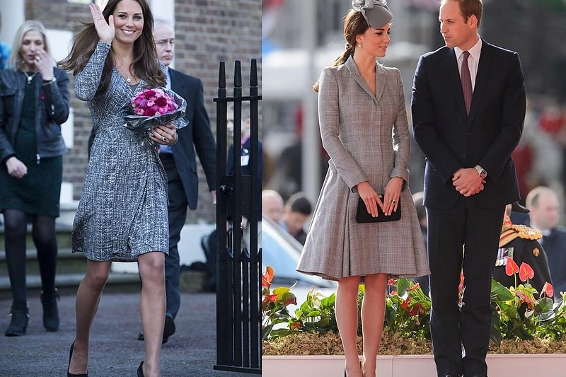 Pirmieji Catherine pasirodymai viešumoje po paskelbimo apie nėštumą tuomet, kai laukėsi princo George'o (kairėje) ir princesės Charlotte
