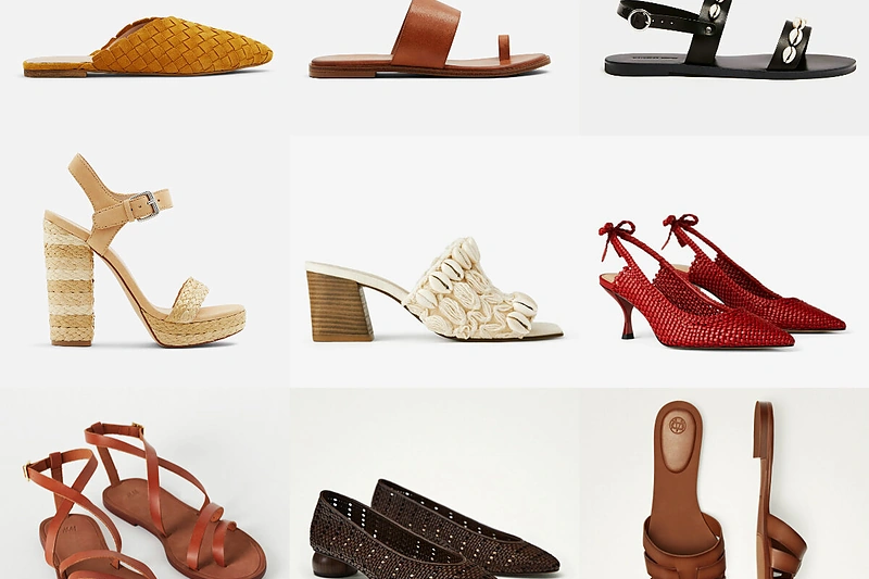 Iš kairės į dešinę: odinės šlepetės ir rudi sandalai „Aldo“, juodi sandalai su kriauklelėmis „Pull & Bear“, platforminės basutės „Aldo“, įsispiriamos basutės su kriauklelėmis ir raudoni bateliai „Zara“, sandalai odiniais dirželiais „H&M“, pinti rudi bateliai ir odinės rudos šlepetės „Massimo Dutti“.
