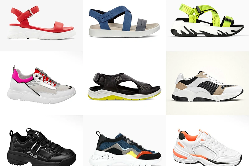 Iš kairės į dešinę: raudoni sandalai „Aldo“, mėlyni sandalai „Ecco“, geltoni sandalai „Zara“, balti sportiniai bateliai su rožine detale „5th Avenue“ („Deichmann“), juodi sandalai „Ecco“, sportiniai bateliai juodomis detalėmis „Massimo Dutti“, juodi sportiniai bateliai „Fila“, spalvoti sportiniai ba