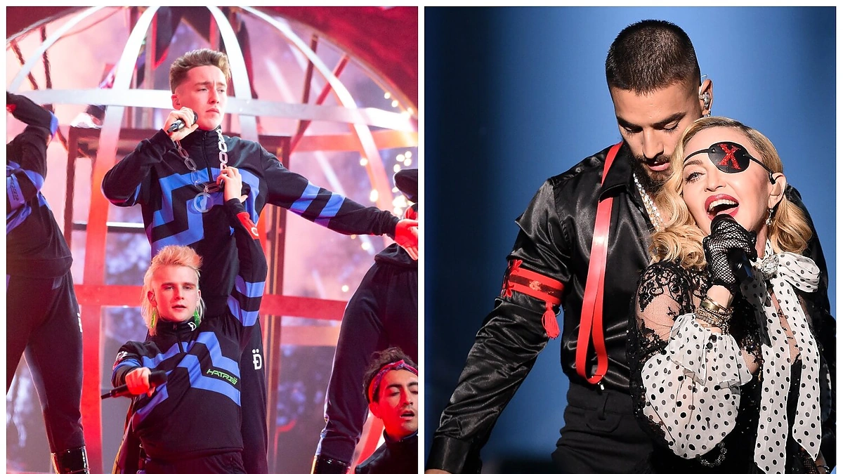 "Hatari"(kairėje) ir Madonna su šokėjų/Vida Press nuotr.