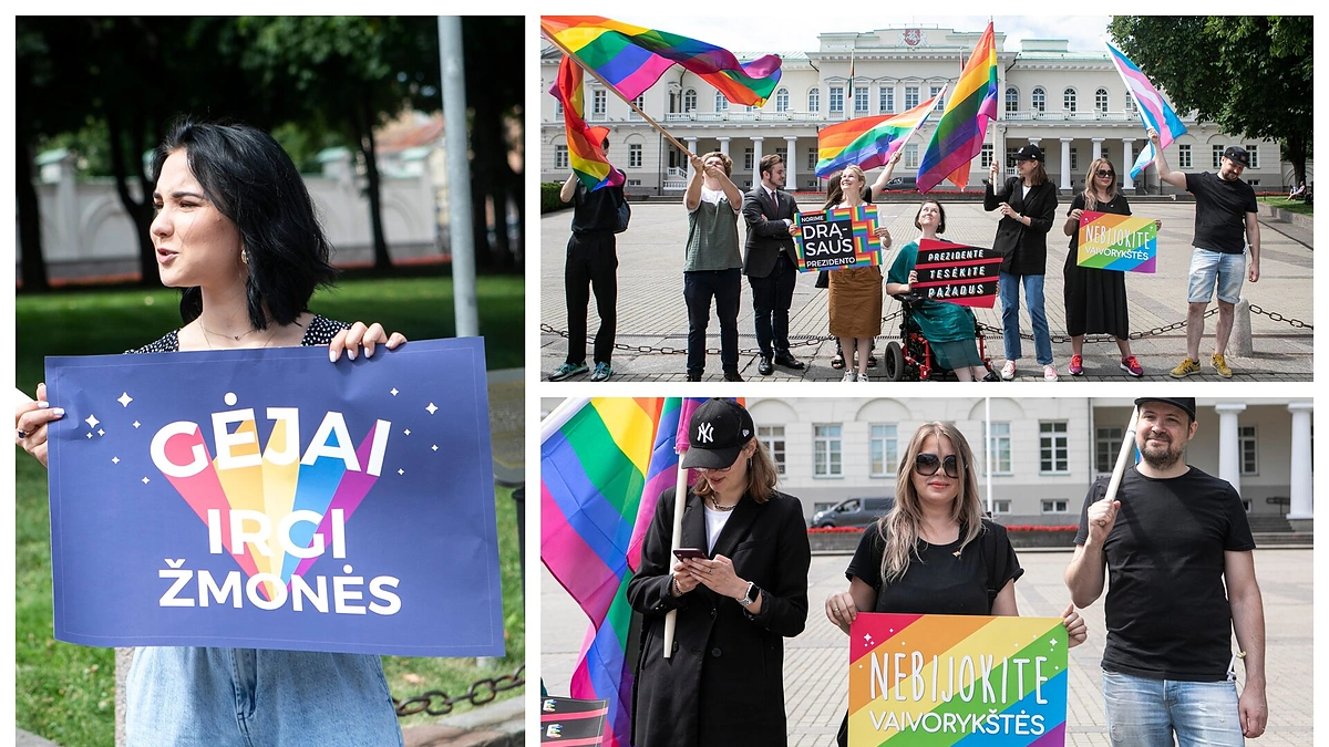 LGBT bendruomenės rengiama simbolinė prezidento padrąsinimo akcija – piketas, kurio metu prezidentui Gitanui Nausėdai norima priminti rinkiminės kampanijos metu duotą pažadą įsisegti vaivorykštės spalvų ženklelį/ Pauliaus Peleckio „ŽMONĖS Foto“ nuotr.