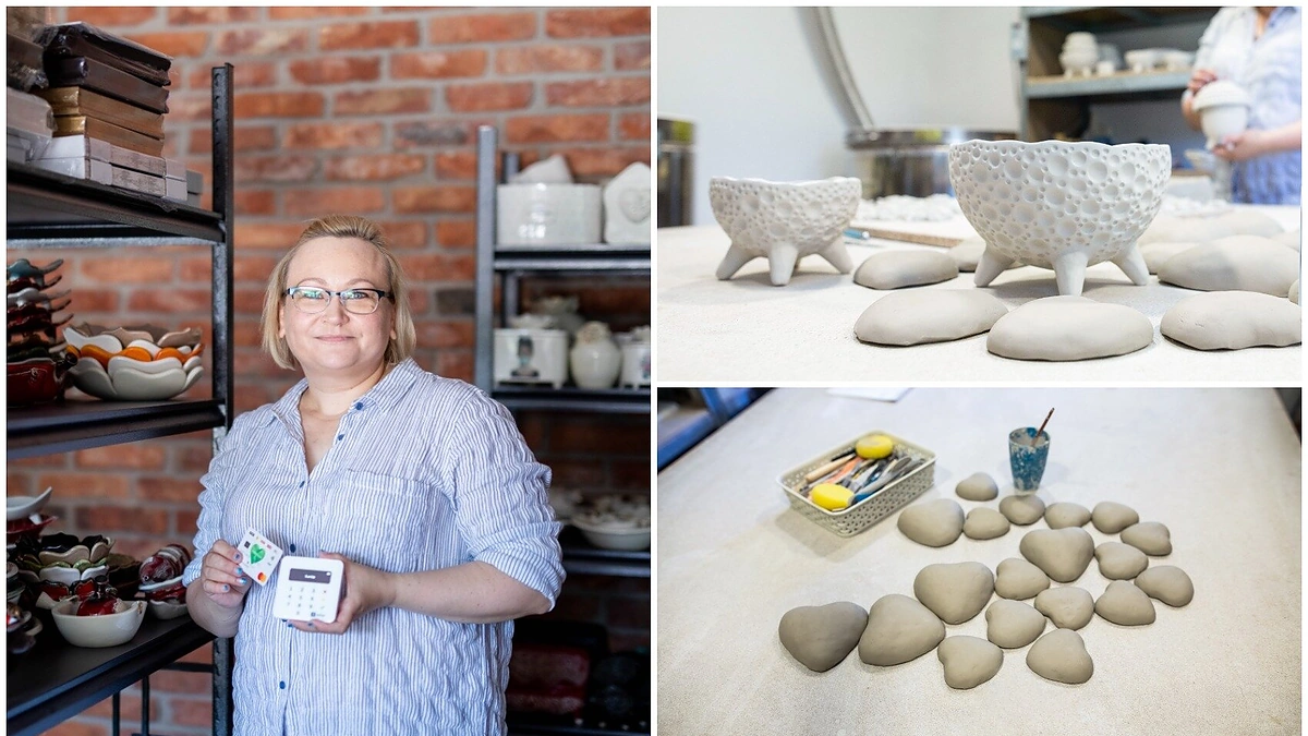 Reda Vaikšnorienė ir jos keramikos dirbiniai/Irmanto Gelūno nuotr.