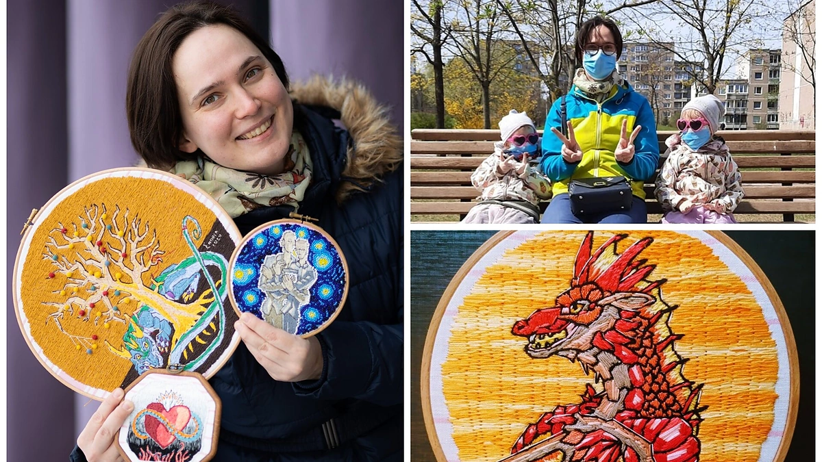 Justė Latauskienė su dukromis ir siuvinėtais rankdarbiais / Gretos Skaraitienės ir asmeninio albumo nuotr.
