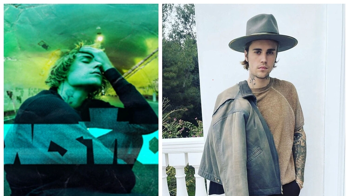 Justinas Bieberis ir jo albumo „Justice“ viršelis / Vida Press nuotr.