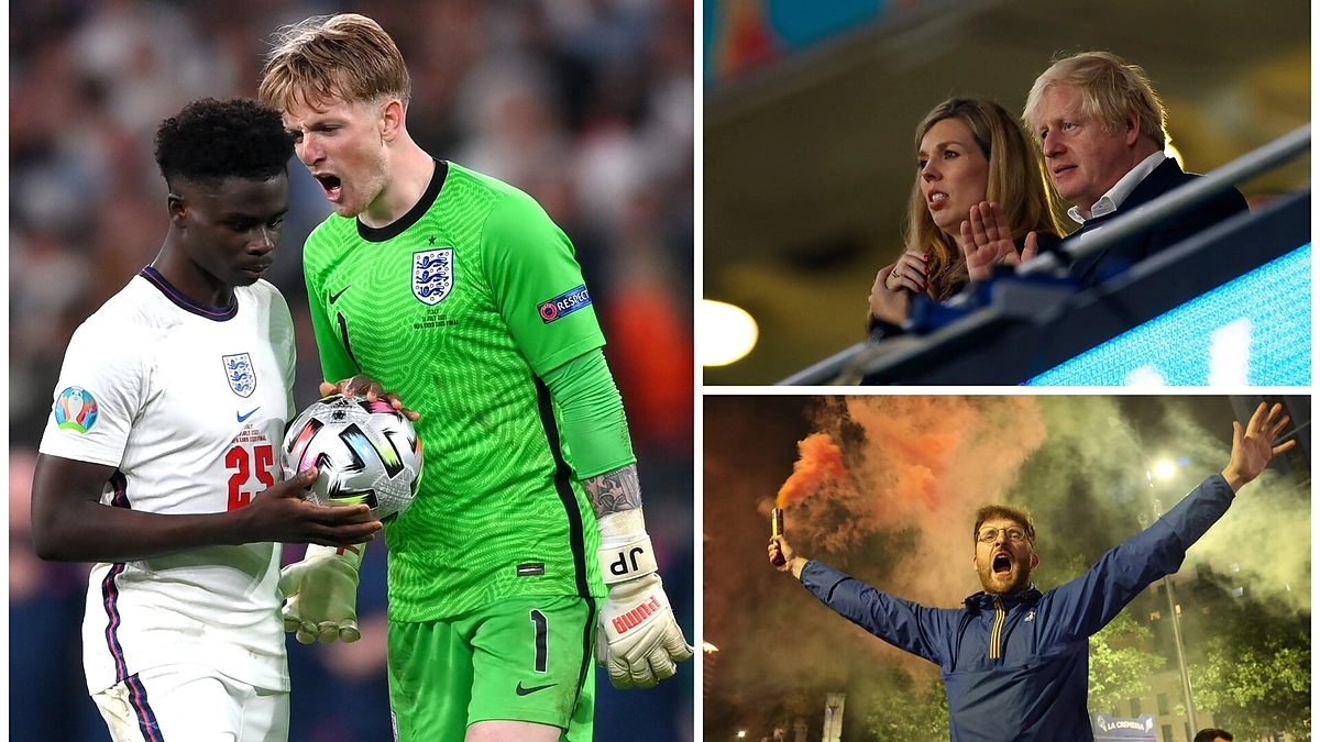 Anglijos futbolo rinktinės nariai Bukayo Saka ir Jordanas Pickfordas, Borisas Johnsonas su žmona Carrie Symonds „Wembley“ stadione ir sirgaliai / Scanpix nuotr.