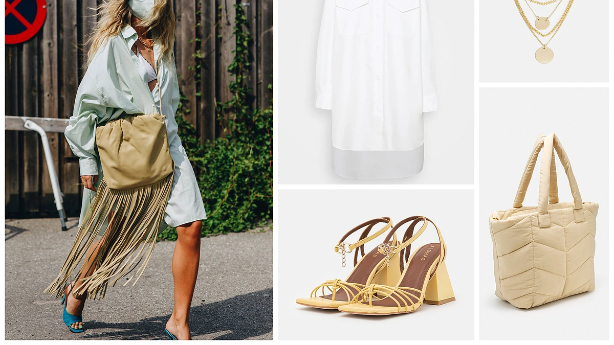 Emili Sindlev. „Designers Remix“ marškinių tipo suknelė (143,95 Eur), „Topshop“ rankinė (23,19 Eur), ALOHAS aukštakulnės basutės (127,95 Eur), „Fire & Glory“ vėrinys (6,95 Eur)