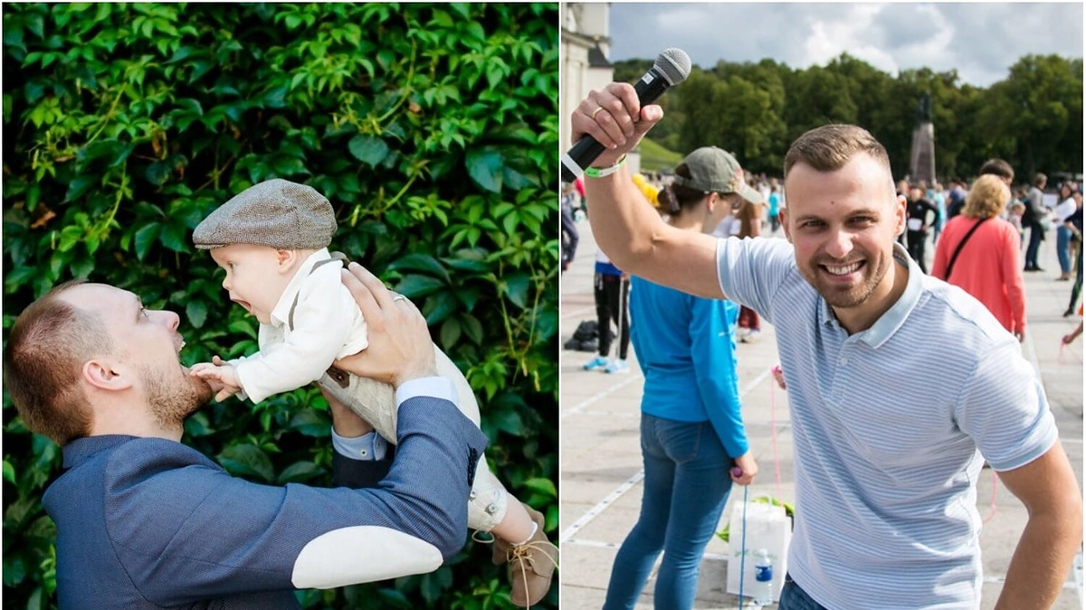 Haroldas Šklėrius su sūnumi ir Tomas Eigertas