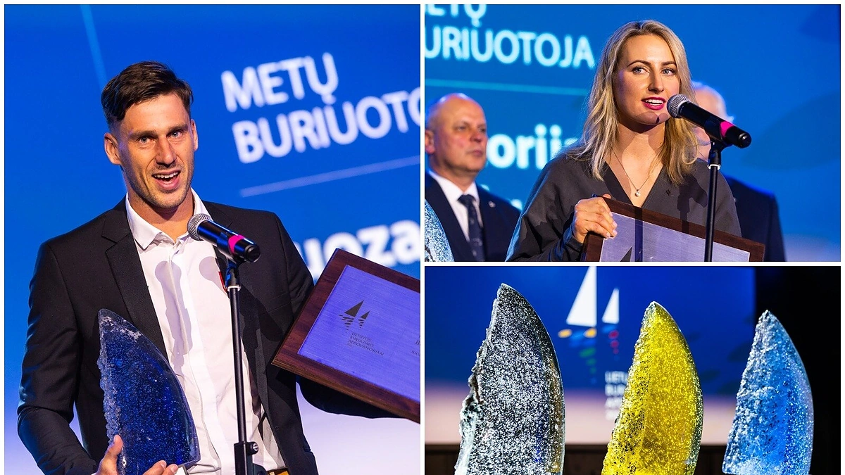Geriausias 2021-ųjų buriuotojas Juozas Bernotas ir buriuotoja Viktorija Andrulytė/ Domo Rimeikos nuotr.