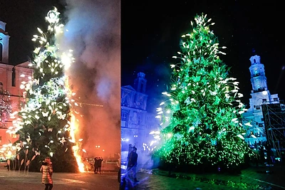 Kauno rotušės aikštėje padegta Kalėdų eglė: sulaikant įtariamąjį nukentėjo pareigūnas