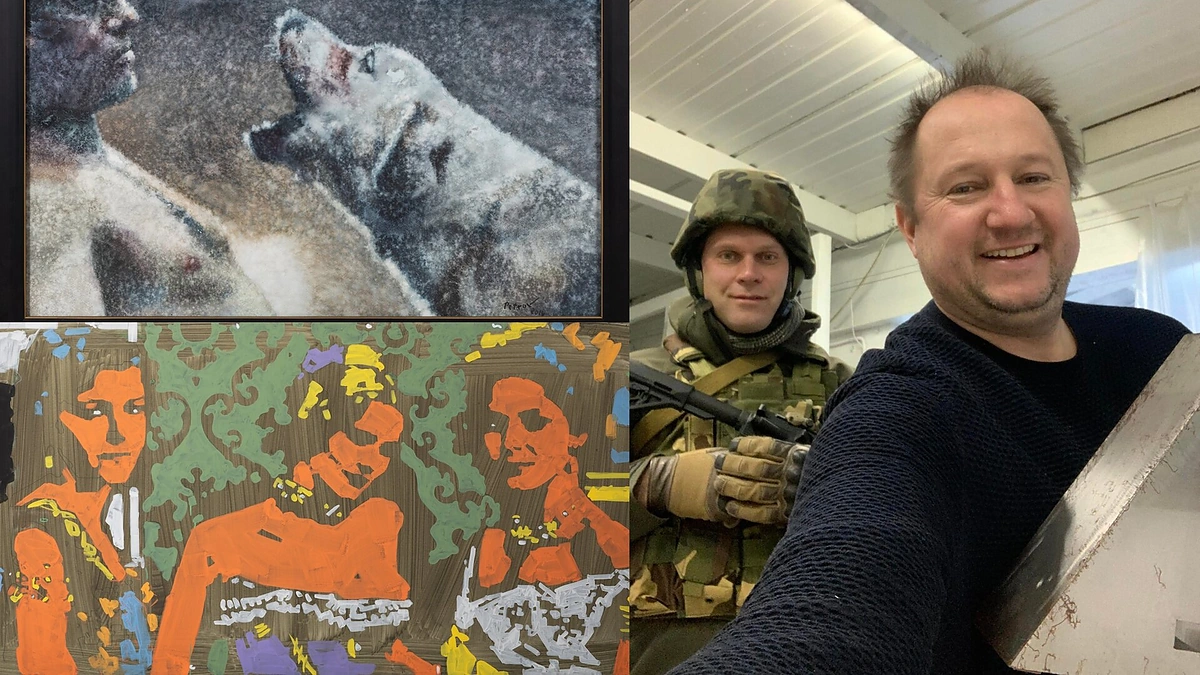 TSEKH galerijos vadovas Oleksandras Ščeluščenka su kareiviu pakuoja meno kūrinius Kyjive