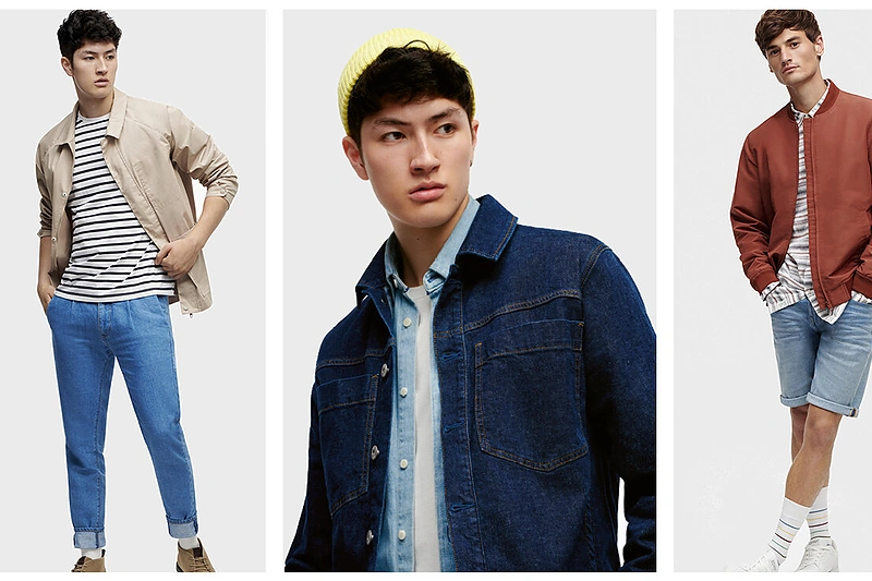 Platus vyrams skirtų džinsinių rūbų asortimentas.