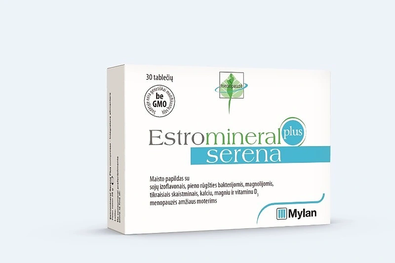 „Estromineral Serena Plus“ maisto papildas menopauzės amžiaus moterims.