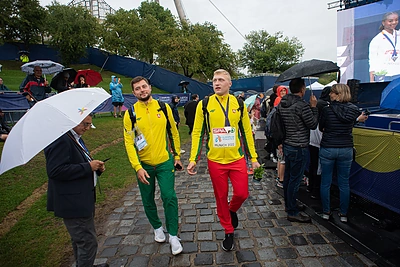 Treneris Mantas Jusis ir Mykolas Alekna / Alfredo Pliadžio/LLAF nuotr.