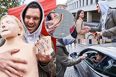 Gedimino prospekte pasirodęs M.Papinigis praeiviams dalino kruvinus rublius: žmonės nuo jo bėgo